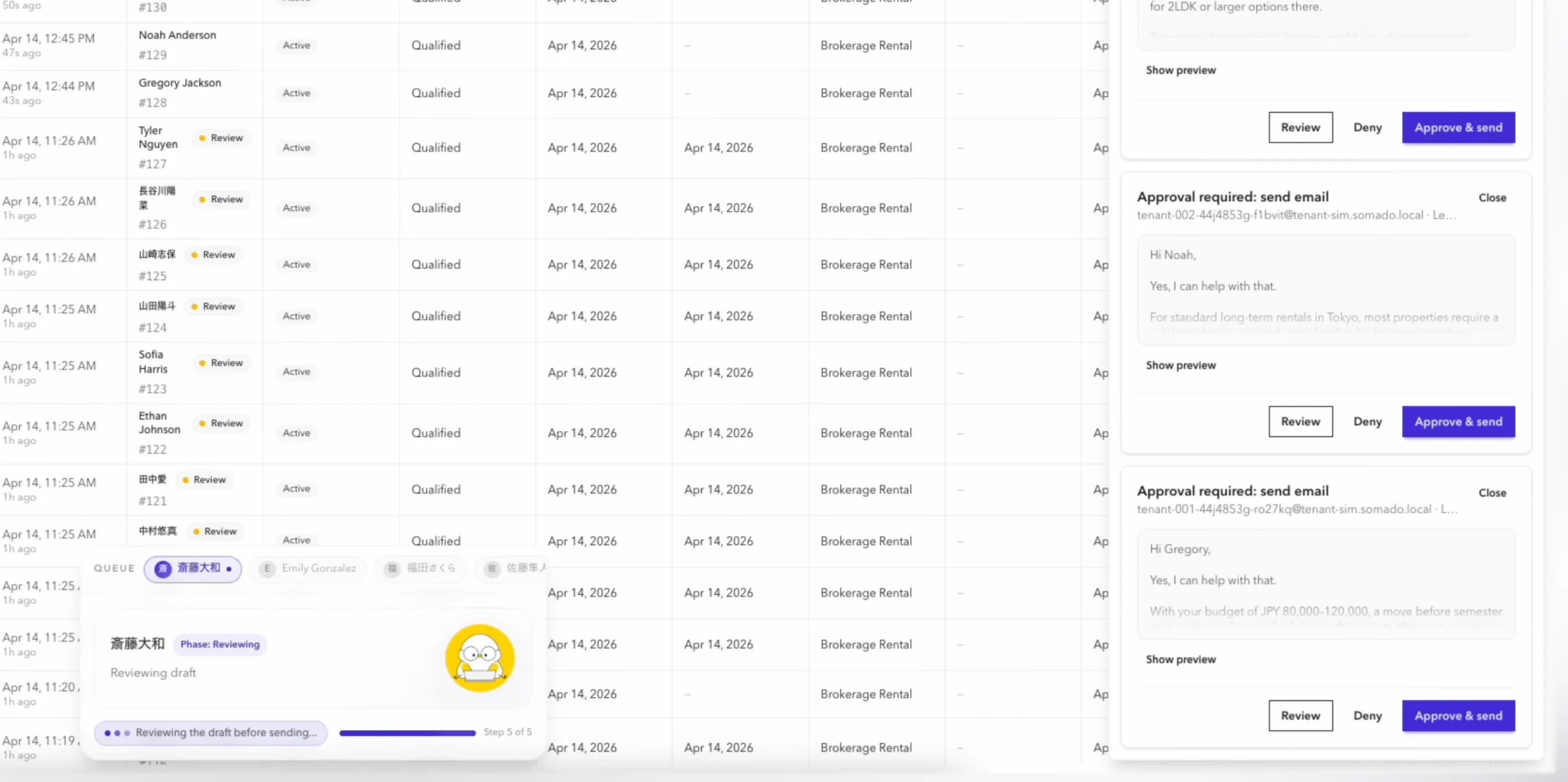 Agentori draft review showing an AI-proposed reply with property match context and approve/reject controls.