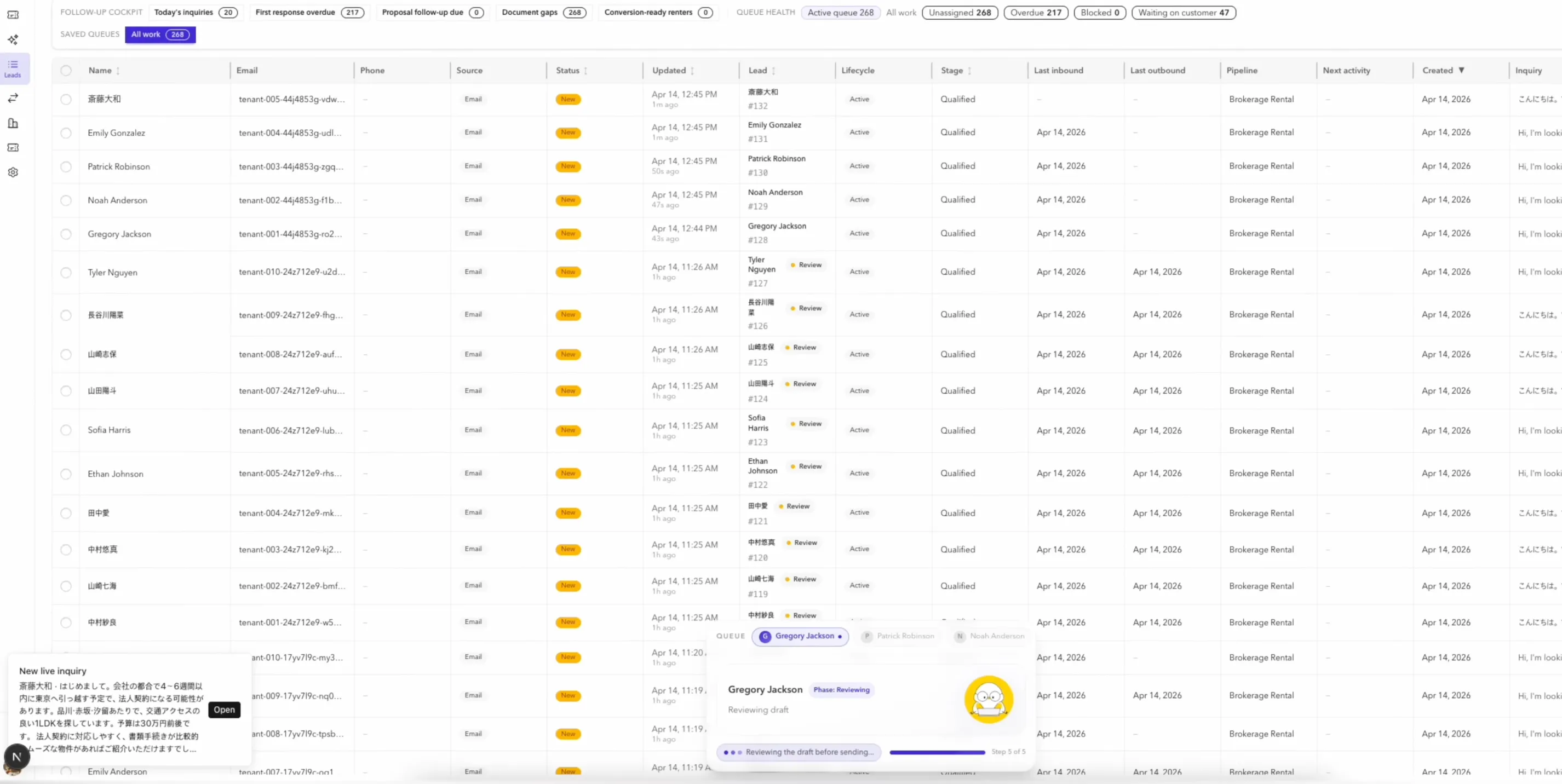 Agentori unified inbox showing inquiries across email, LINE, and WhatsApp threads.